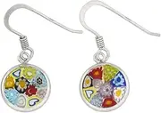 Millefiori Glass Round Dangle Earrings "Multicolor" Flower - Silver Small - Murano Glass Fashion Earrings For Women