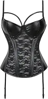 [generic] 3/4 Padded Cup Women's Corset Faux Leather Stitching Lace Boned Corset Adjustable Hook & Eye Bustier