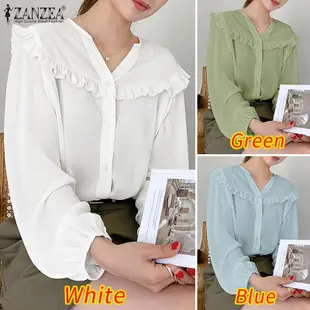 Zanzea 女式韓版時尚 V 領開叉木耳荷葉邊純色襯衫
