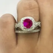 14K Gold 1.76 Ct Lab Created Pink Ruby & Natural Diamond Halo Wedding Ring Set