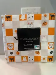 Cynthia Rowley Halloween Full Sheet Set Pumpkins Mushrooms Skulls Orange White