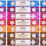 Satya Incense Sticks Variety Pack – 7 x 15g – Premium Natural Aromatherapy Scents – Karma, Mystic Yoga, Aaruda, Dragon’s Blood, Champagne, Fragrant Myrrh & Musk – Long-Lasting & Hand-Rolled