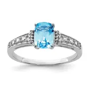 Sterling Silver Rhodium Plated Diamond and Sky Blue Topaz Cushion Ring