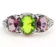4CT Natural Peridot & Amethyst 925 Sterling Silver Filigree Ring Sz 6 TF2