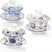 Cididu Set of 3 Chinese Tea Cups with Lid and Saucer, 10oz Large Porcelain Gaiwan Tea Mug Set, Handmade Tea Bowl, Traditional Chinese Ceramic Teaware Tea Brewing System for Home Office Kitchen