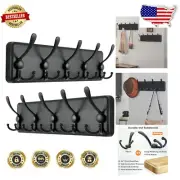 Premium Heavy-Duty Wall Mount Coat Rack - 2 Black Hangers with 5 Tri Hooks Each