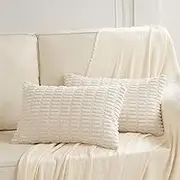 Fancy Homi 2 Packs Cream Lumbar Decorative Throw Pillow Covers 12x24 Inch for Living Room Couch Bed Sofa, Rustic Farmhouse Boho Home Decor, Soft Striped Corduroy Rectangle Cushion Case 30x60 cm