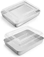 Small Baking Pan with Lid, E-far 9.4”x 7” x 2” Stainless Steel Rectangle Sheet Cake Pans for Toaster Oven, Metal Covered Bakeware for Cakes Brownies Casseroles, Non-toxic & Dishwasher Safe - Set of 2