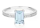 Real Aquamarine and Diamond Ring Solid White Gold Emerald Cut Solitaire Size J-Q