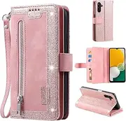 [UEEBAI] Wallet Case for Samsung Galaxy A13 5G, Retro 9 Card Holder Slots Zipper Pocket Handbag Case PU Leather Magnetic Closure Kickstand with Wrist Strap TPU Shockproof Flip Case - Rose Gold