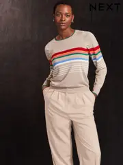 Neutral with Rainbow Stripe Crew Neck Long Sleeve Pattern Knitted Jumper (343518) | $41