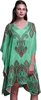[Phagun] Green Floral & Paisley Womens Short Beach Kaftan Beachwear Bikini Coverup Midi Dress