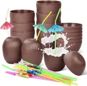 Haundry 18 Coconut Cups with 18 Straws, 18 Cocktail Drink Picks, Hawaiian Luau T