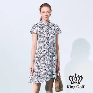 【KING GOLF】實體同步款-女款滿版字母印花刺繡涼感收腰短袖連身裙/高爾夫球洋裝(黑色)