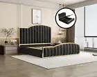 King Size Elegant Luxury Bedframe with Gas Lift Storage Charcoal Velvet Fabric G