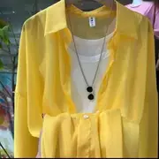 Long-Sleeve Plain Sheer Shirt Yellow - One Size