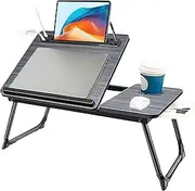Laptop Desk, Upgraded Foldable Laptop Stand with USB Charge Port, Storage Drawer, Side Drawer, Large Portable Notebook Stand for Bed Couch Sofa Working, Reading ﻿