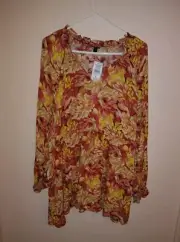 NWT Torrid Rust Floral Peasant Blouse Top Tunic Length Long Sleeve 100% Rayon