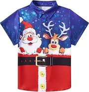 [grehava] Kids Christmas Clothes Size 6-12 Years Santa Claus Print Boys Xmas Shirt Outfits Short Sleeves