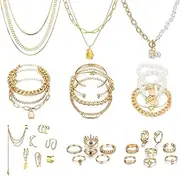 [IFKM] 36 PCS Gold Plated Jewelry Set with 4 PCS Necklace, 11 PCS Bracelet, 7 PCS Ear Cuffs Earring, 14 Pcs Knuckle Rings for Women Girls Valentine Anniversary Birthday Friendship Gift