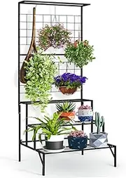 Plant Stand Indoor Outdoor with Grid Panels, Heavy Duty Metal 3 Tiered Hanging Plant Shelf for Multiple Flower Planter Holder Tall Large Rack for Living Room Garden Balcony