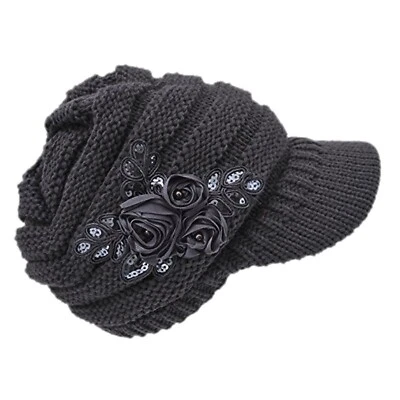 C-US Women Winter Warm & Soft Knit Hat Crochet Visor Brim Cap with Flower Acc...