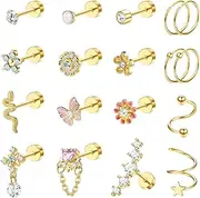 [Kakonia] 18PCS Cartilage Earring Stud for Women Surgical Steel Flat Back Earrings Couch Hoop Piercing Opal Flower Sanke Helix Tragus Piercing CZ Cartilage Earring Piercing