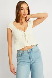 White Textured Top Crop Short Sleeve - Size 12, Women's Top