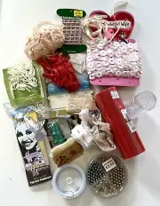 Junk Drawer Lot Vintage Lace Ribbon Beads Wire Curtain Hooks Craft Bits