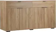 OIKITURE Sideboard Buffet Cabinet - 4 Doors, 2 Shelves & 2 Drawers, Multi-Storage Cupboard with Anti-Slip Protectors, Easy Assemble, 140x37x75CM, for Kitchen Living Room Dining Room, Wooden Color