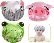 3-Pack Kids Shower Caps, Girl Bath Hat of Cute Piggy Frog Hamster, Double Layer Waterproof Shower Caps