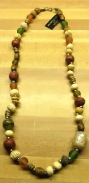 NEW VTG CAROL FOR EVA GRAHAM 25" gold tone chunky tan brown green bead Necklace