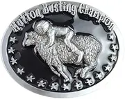 [JEAN'S FRIEND] Antique Silver Mutton Busting Champion Western Cowboy Black Enamel Belt Buckle, Antique Silver