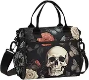 WOIWB Vintage Skull and Flowers Print Insulated Lunch Bag for Women Men Spacious Interior Leakproof Thermal Lunch Box Cooler Bag for Office, Outdoor, Travel Medium