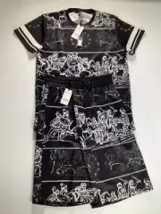 Mens M Society Black with White Pattern Shirt and Short Set S Small