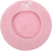 [Baluue] Pink Beret Hat with Cute Bow Women Wool Beret for Autumn Head Circumference Effect Fashionable Versatile Accessory for Every Outfit