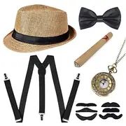 Retro Vintage Roaring 20s 1920s Panama Hat Accesories Set Accessories Set The Great Gatsby Men's Masquerade Bachelorette Party Adults' Bow Hat Suspenders