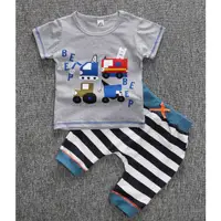 在飛比找蝦皮購物優惠-【LyRa baby】夏季男童可愛車子印花T恤+條紋褲二件組