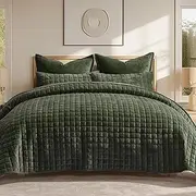[RECYCO] Luxury Velvet Quilt Set King Size, Lightweight Velvet Comforter Set, Oversized Bedspread Coverlet Quilted Bedding Set, with 2 Matching Pillow Shams, for All Season, Olive Green