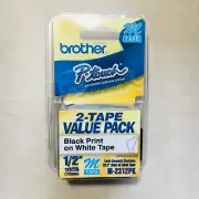 Brother P-Touch M-2312PK M Tape 1/2" 2 Packs Black Print on White Tape NEW