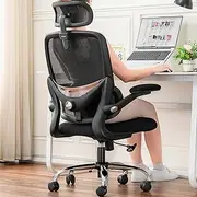 TONFARY Ergonomic Home Office Chair, High Back Mesh Desk Chair with Adjustable Lumbar Support, Flip-up Armrest, Removable Headrest, Swivel Computer Gaming Chair, Space Saving, 150KG (Black)
