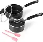 Nonstick Saucepan Set with Glass Lid 1QT & 2QT Small Pots for Home Kitchen Black