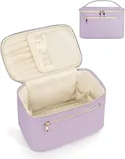 Wandering Nature Makeup Bag, Travel Make Up Organizer Cosmetic Brush Bags Case for Women in Eco Vegan Leather, Purple Fabric, Large, Stylish