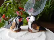 European Goldfinch Cake Topper Bride Groom Love Wedding Engagement Wood Statue