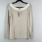 White House Black Market Striped Ecru Gold Sparkle Sweater Womens M Pullover