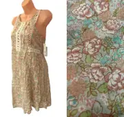 size S Floral Rayon Crochet Trim AQUA Casual Short Summer Peasant Daytime Dress
