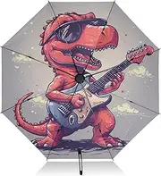 [RPLIFE] Travel Umbrella Windproof Folding Umbrella Compact, Umbrellas for Backpacks/Handbags, Rain, Wind and Sun, Red Dinosaur Playing Guitar