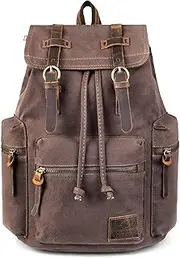 P.KU.VDSL Canvas Vintage Backpack, Leather Hiking Daypack Laptop Travel Backpacks Bag
