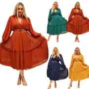Fashion African Dashiki Evening Women Pleated Midi Dress Islamic Gown Cocktail