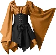 [Generic] Women's Medieval Maiden Costume Flare Sleeve Peasant Dress Lace Up Corset Overskirt Elven Archer Pirate Gypsy Fancy Dress